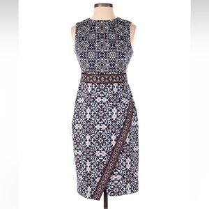 Maggy London Navy, Orange and White Patterned Midi Dress